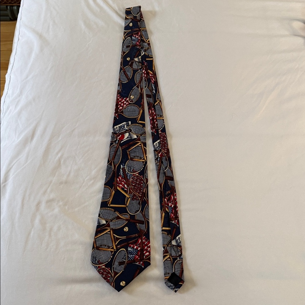 Nicole Miller Navy Silk Tie with Tennis Racket Motif and Red Accents